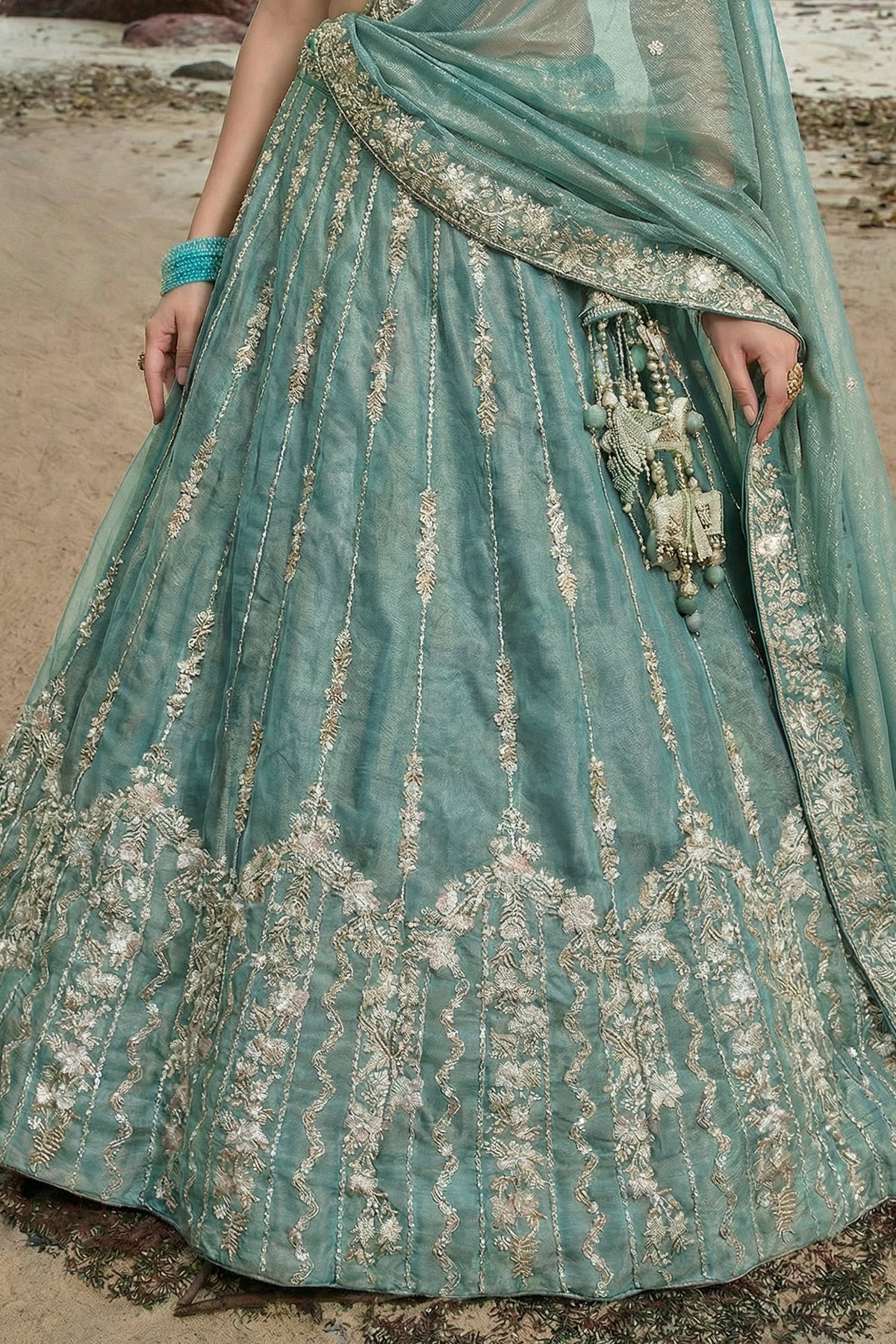 Sky Blue Tissue Lehenga Choli with Vertical Stripe & Scalloped Embroidery