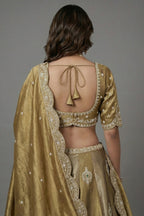 Antique Gold Tissue Lehenga Choli with Scalloped Medallion Embroidery