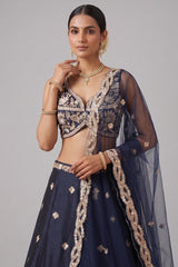 Navy Blue Silk Lehenga Choli with Tropical Botanical Embroidery