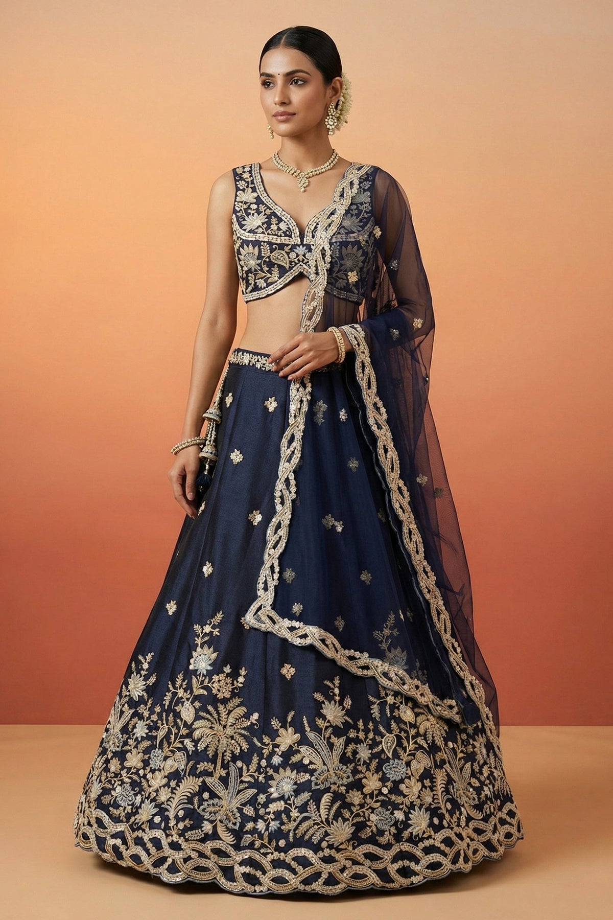 Navy Blue Silk Lehenga Choli with Tropical Botanical Embroidery