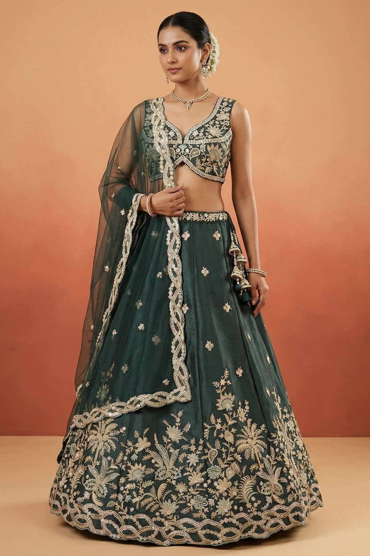 Rama Teal Silk Lehenga Choli with Tropical Botanical Embroidery