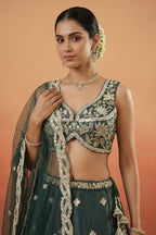Rama Teal Silk Lehenga Choli with Tropical Botanical Embroidery