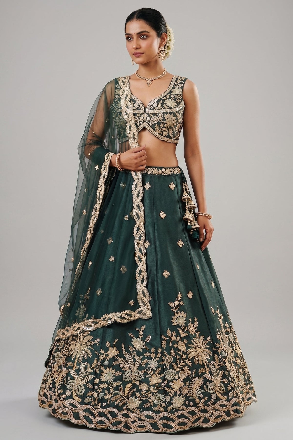 Rama Teal Silk Lehenga Choli with Tropical Botanical Embroidery