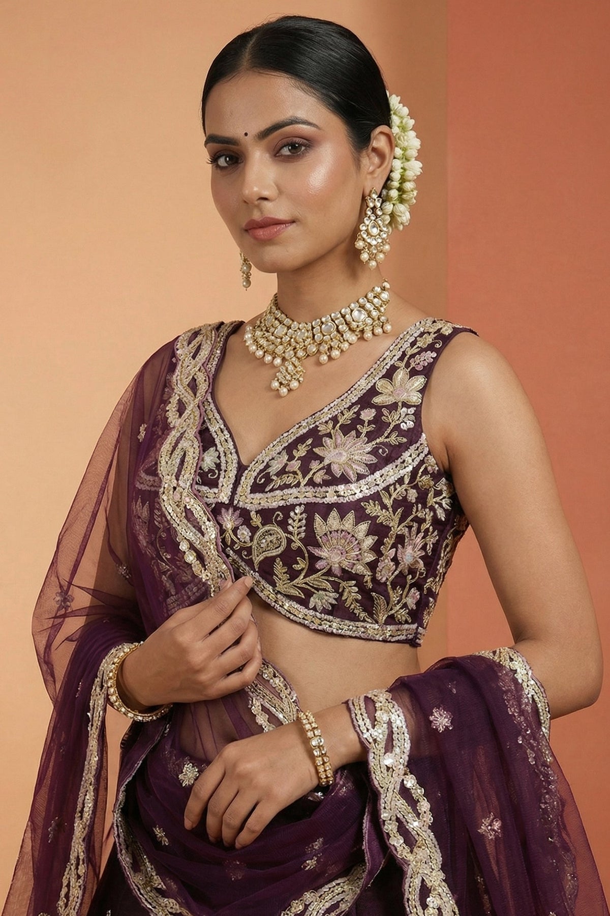 Deep Wine Silk Lehenga Choli with Tropical Botanical Embroidery