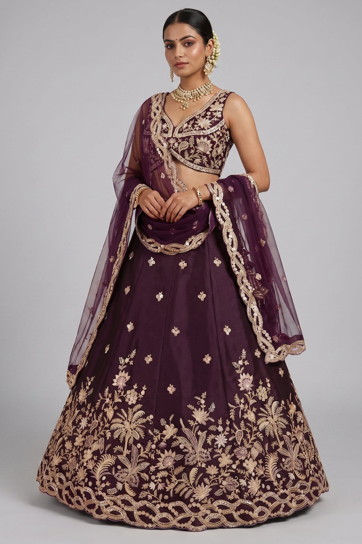 Deep Wine Silk Lehenga Choli with Tropical Botanical Embroidery
