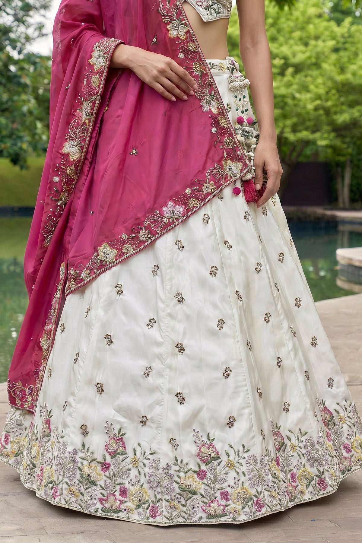 Off White Lehenga Choli with Floral Embroidered Border