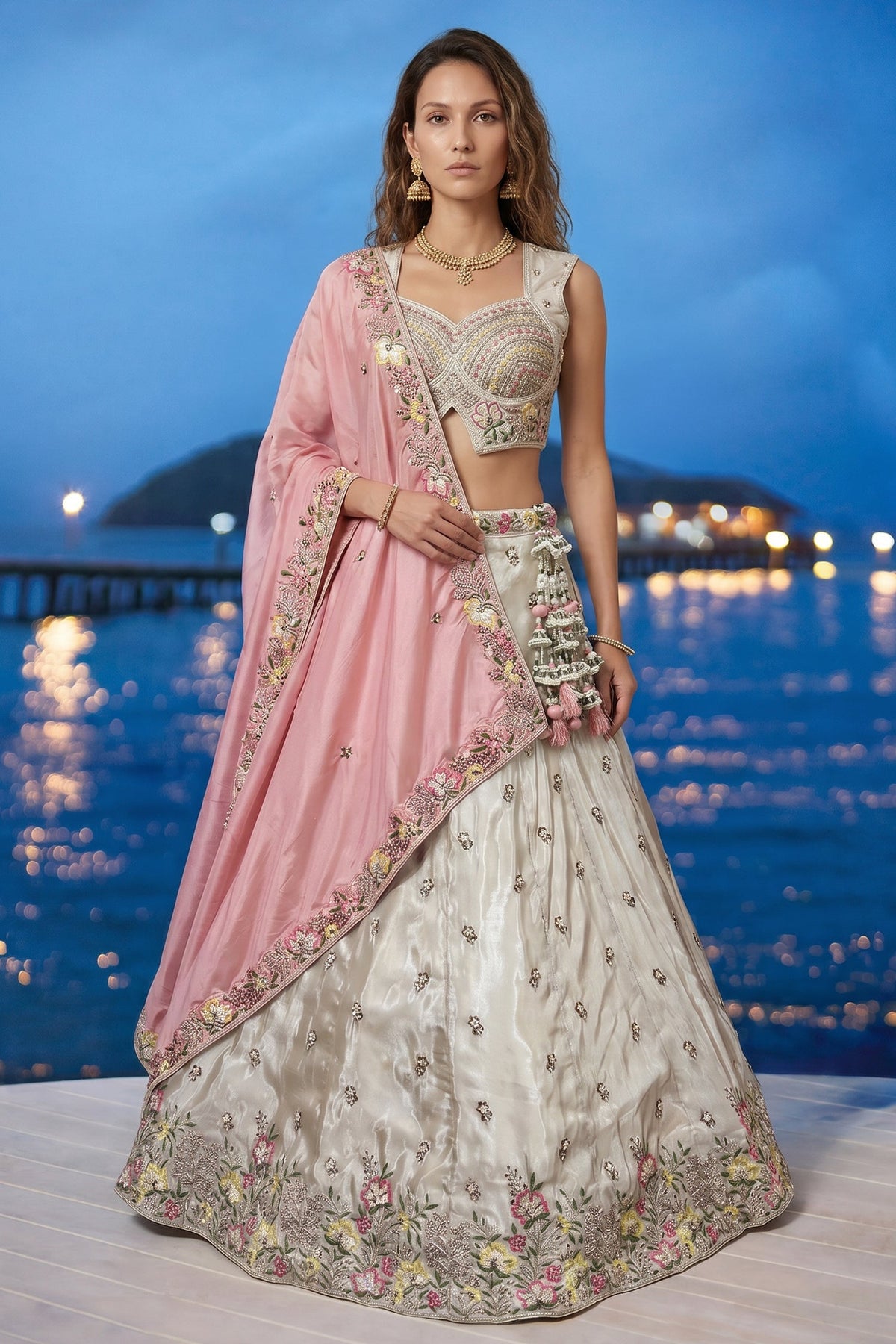Off White Chiffon Lehenga Choli with Floral Pearl Embroidery