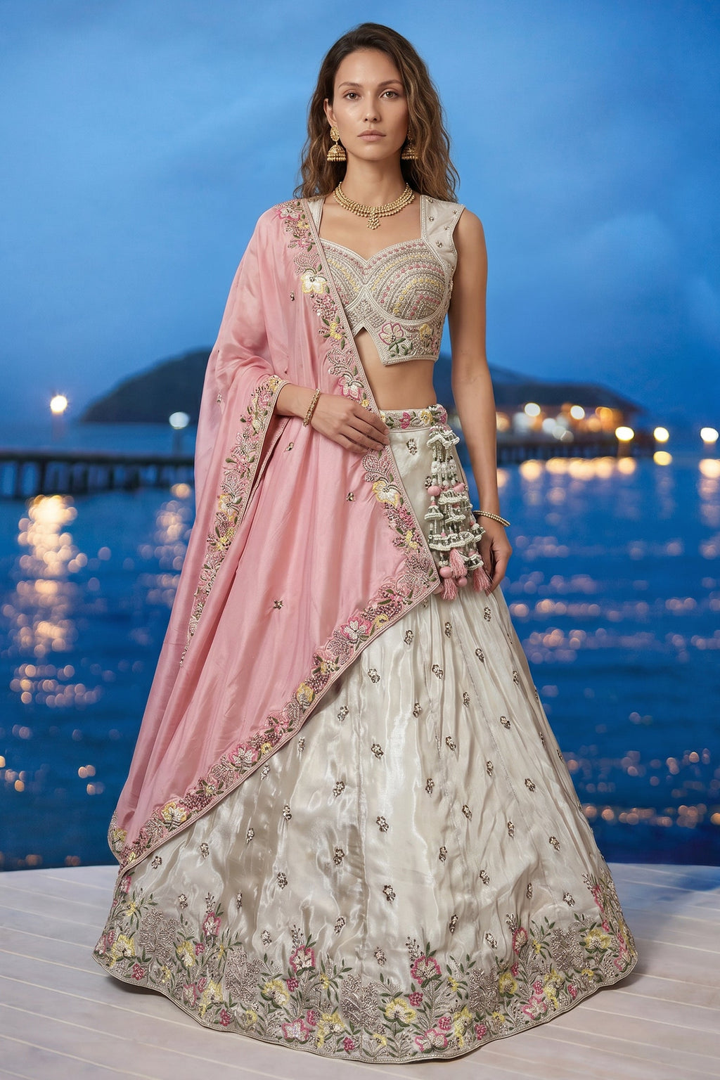 Off White Chiffon Lehenga Choli with Floral Pearl Embroidery