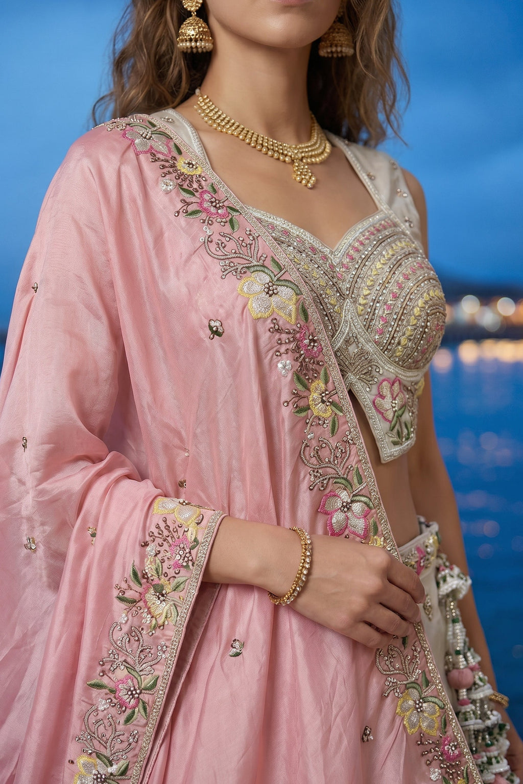 Off White Chiffon Lehenga Choli with Floral Pearl Embroidery