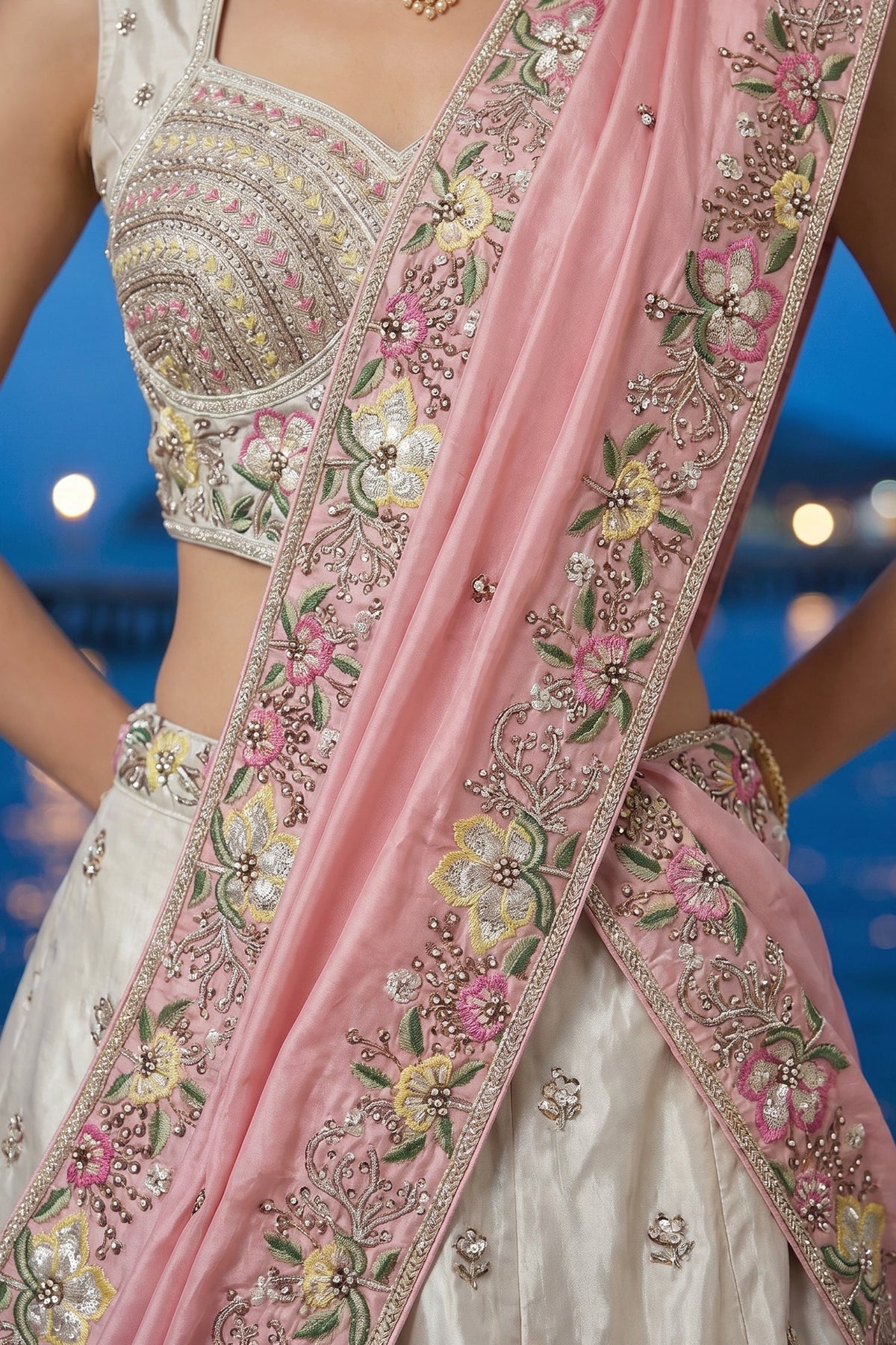 Off White Chiffon Lehenga Choli with Floral Pearl Embroidery