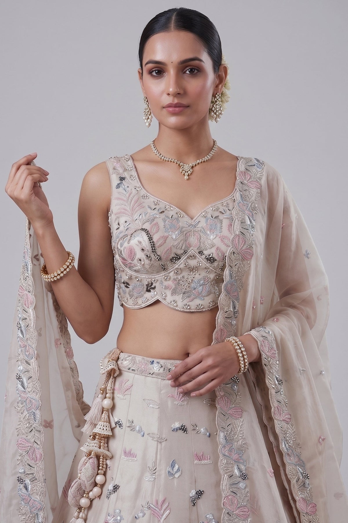 Soft Grey Lehenga Choli with Woodland Floral Embroidery