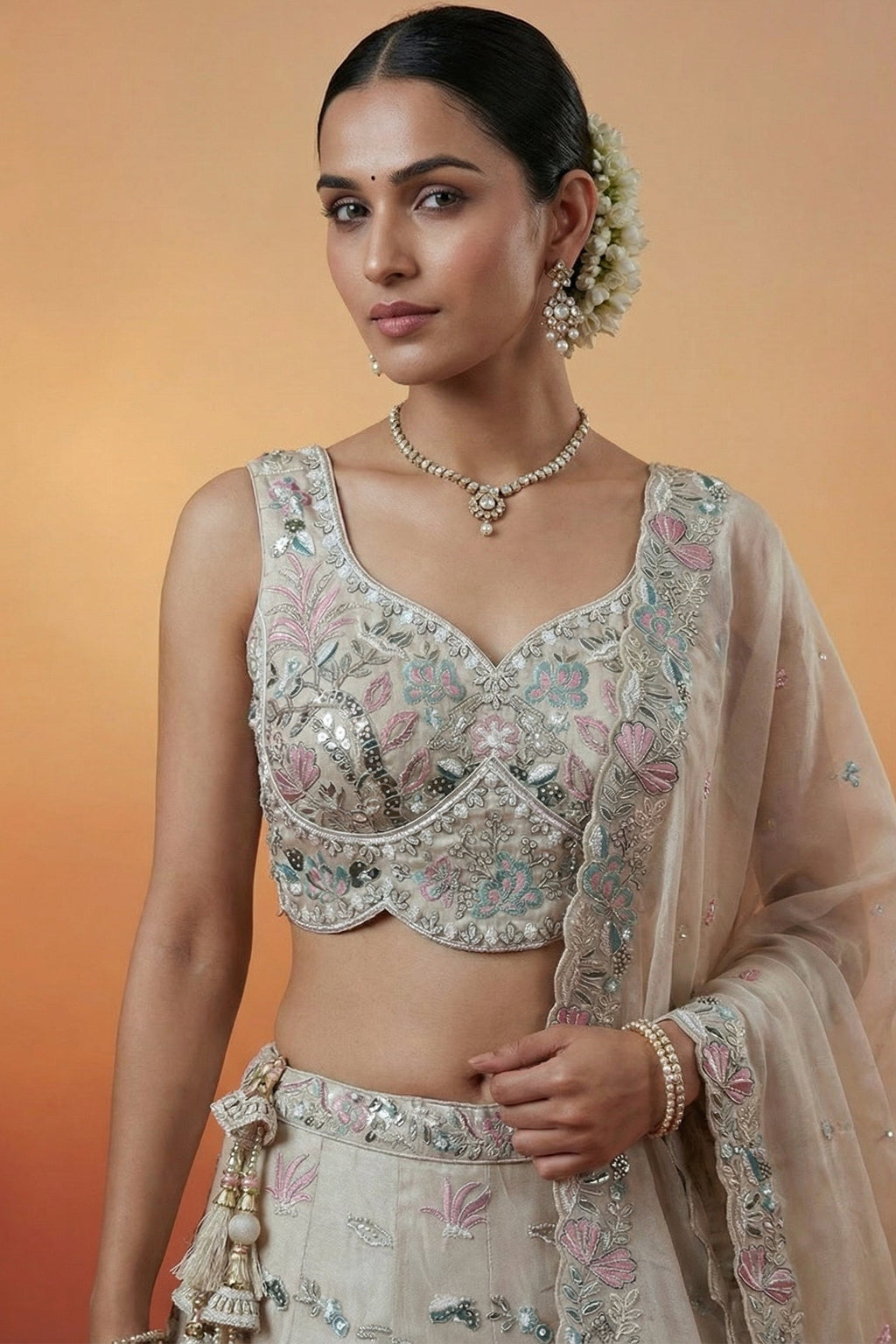 Soft Grey Lehenga Choli with Woodland Floral Embroidery