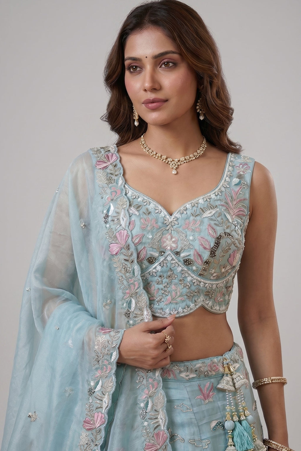 Sky Blue Lehenga Choli with Woodland Floral Embroidery