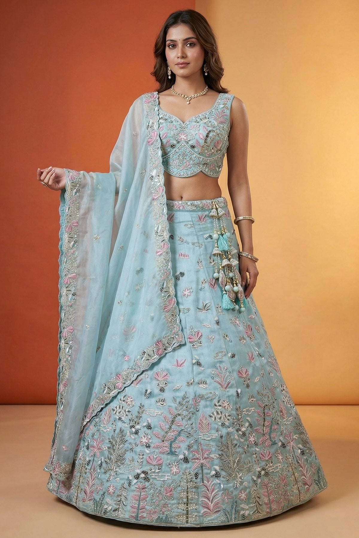 Sky Blue Lehenga Choli with Woodland Floral Embroidery