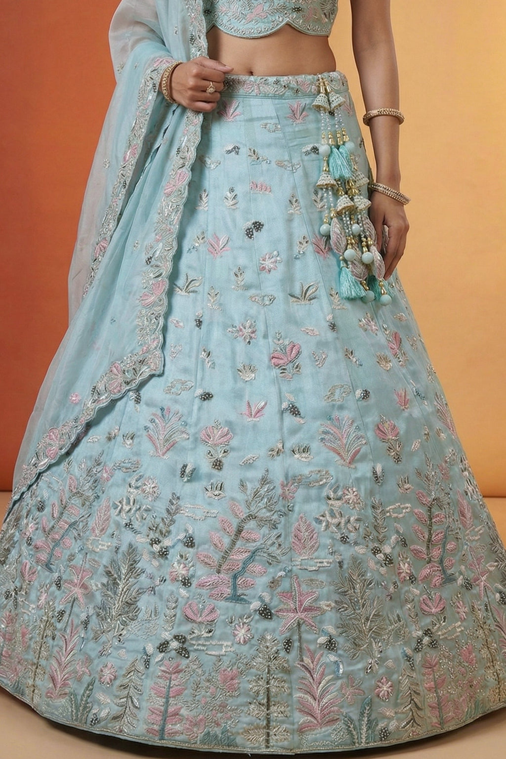 Sky Blue Lehenga Choli with Woodland Floral Embroidery