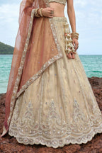 Cream Gold Tissue Embroidered Scalloped Lehenga Choli