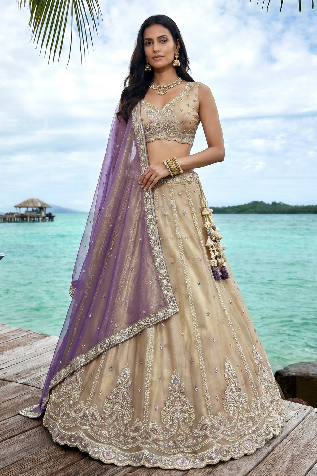 Cream Gold Tissue Embroidered Scalloped Lehenga Choli