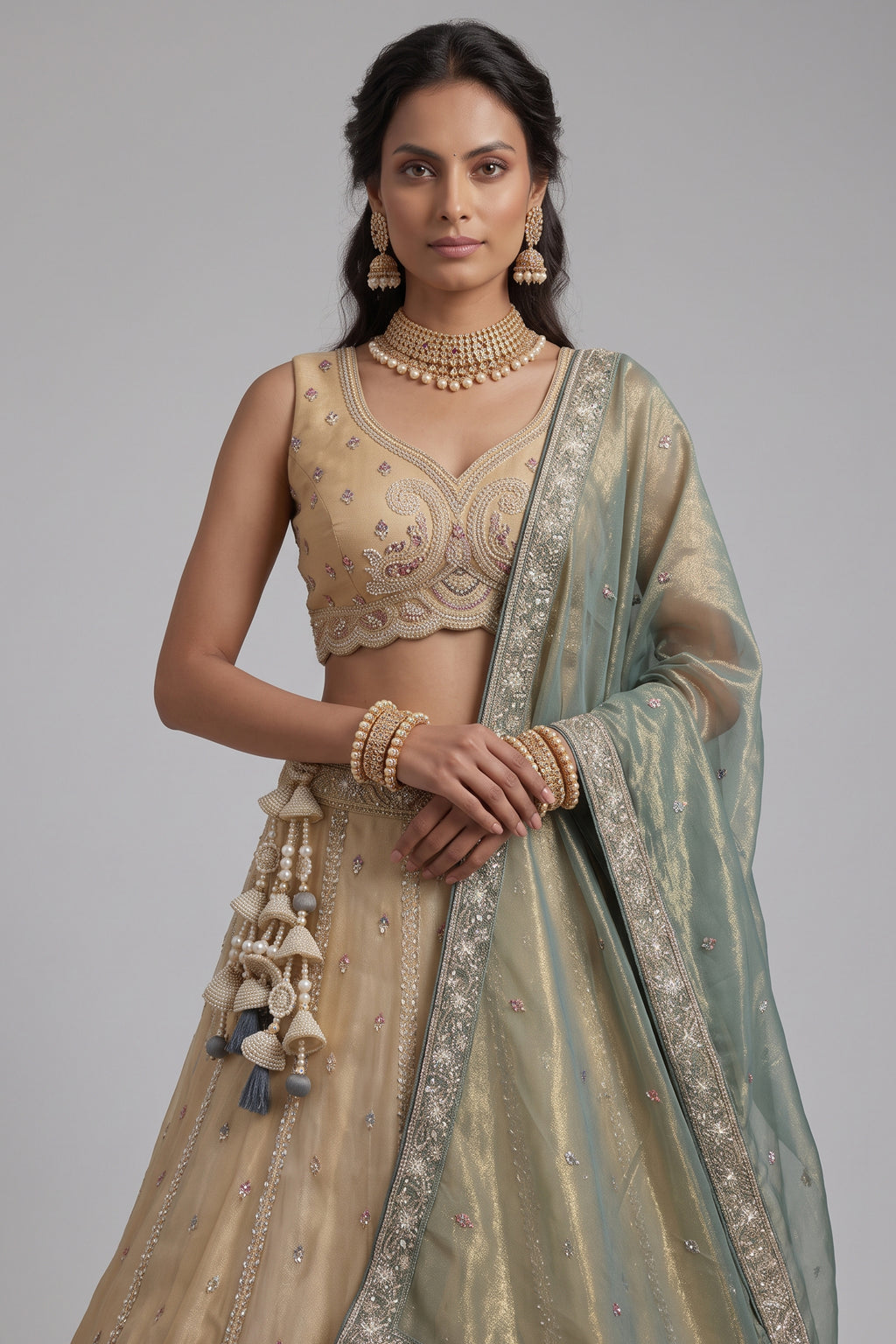 Cream Gold Tissue Embroidered Scalloped Lehenga Choli