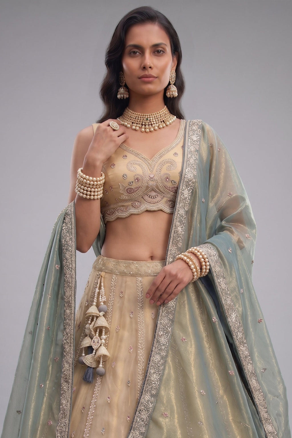 Cream Gold Tissue Embroidered Scalloped Lehenga Choli