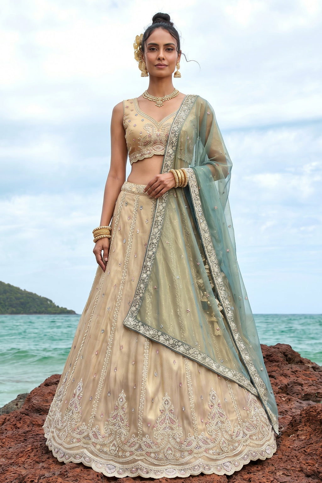 Cream Gold Tissue Embroidered Scalloped Lehenga Choli
