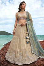 Cream Gold Tissue Embroidered Scalloped Lehenga Choli