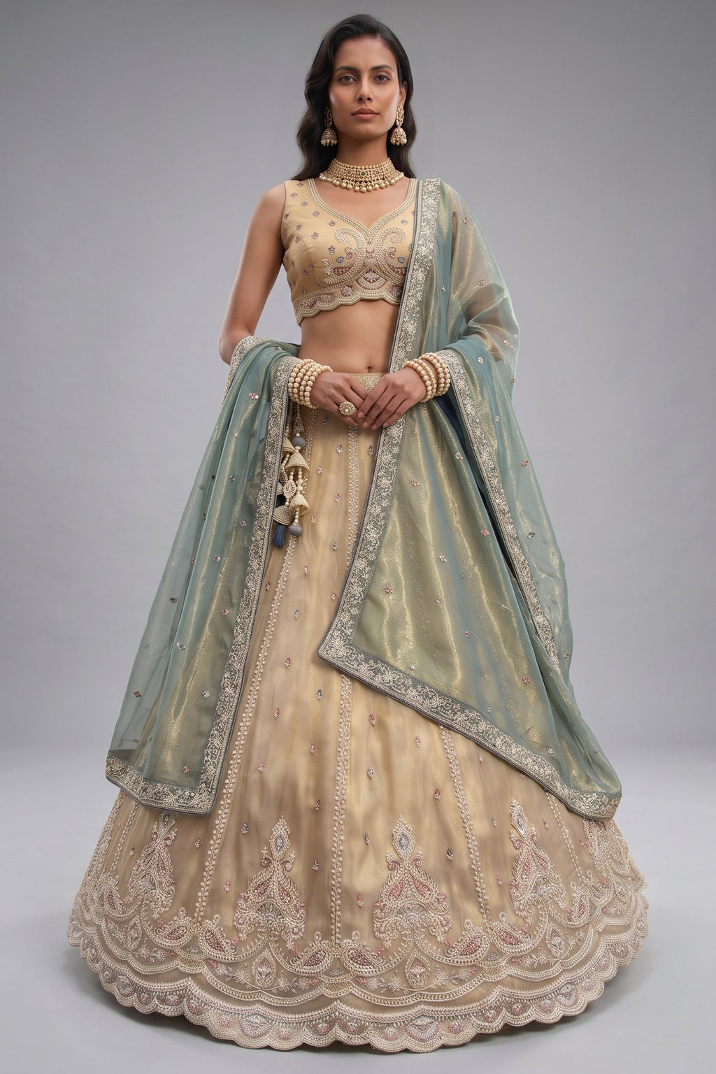 Cream Gold Tissue Embroidered Scalloped Lehenga Choli