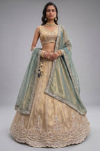 Cream Gold Tissue Embroidered Scalloped Lehenga Choli