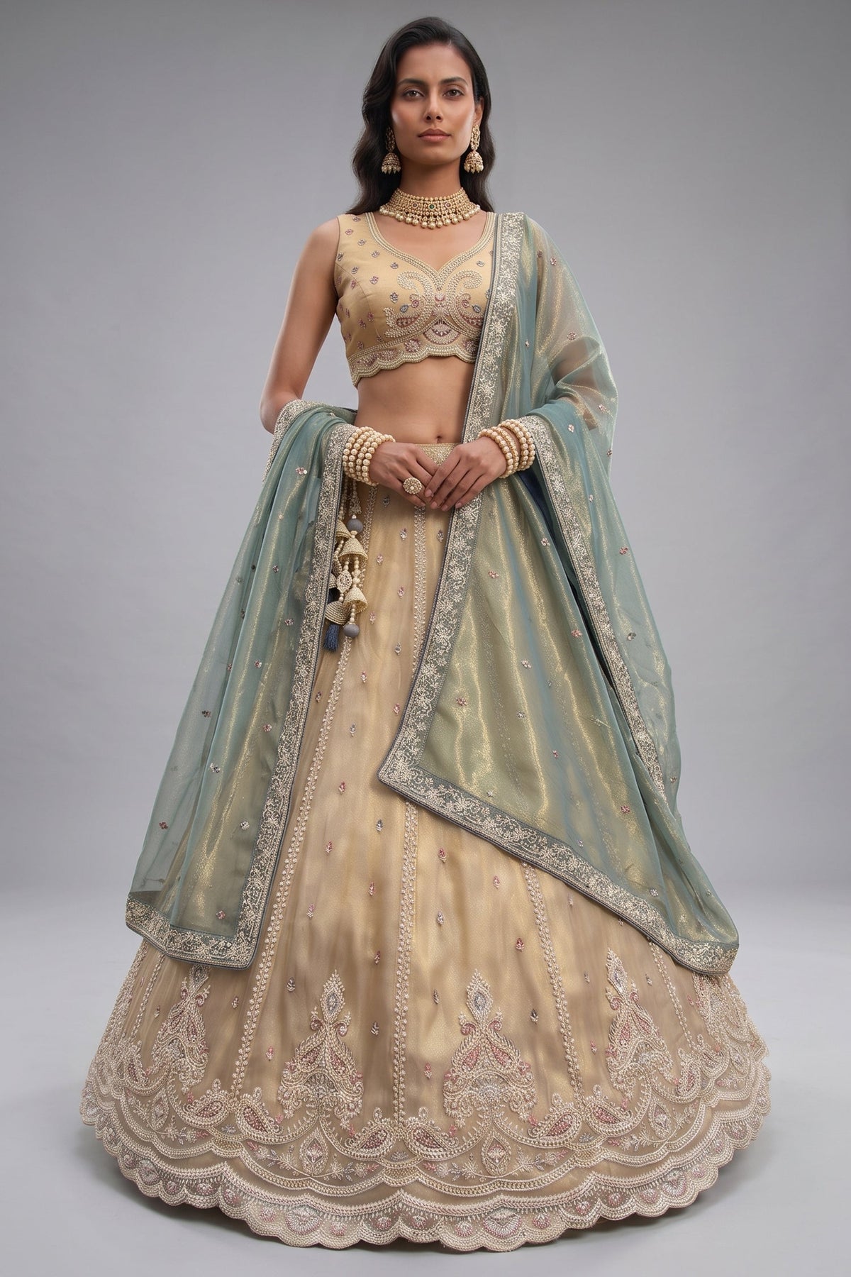 Cream Gold Tissue Embroidered Scalloped Lehenga Choli