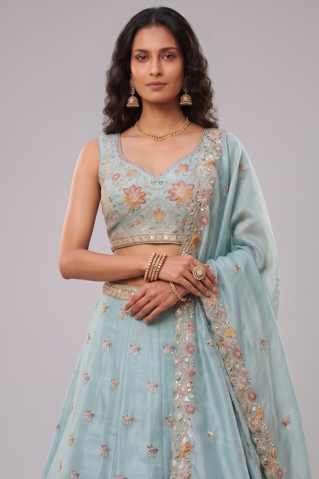 Celestial Sky Blue Lehenga Choli with Peacock Floral Border