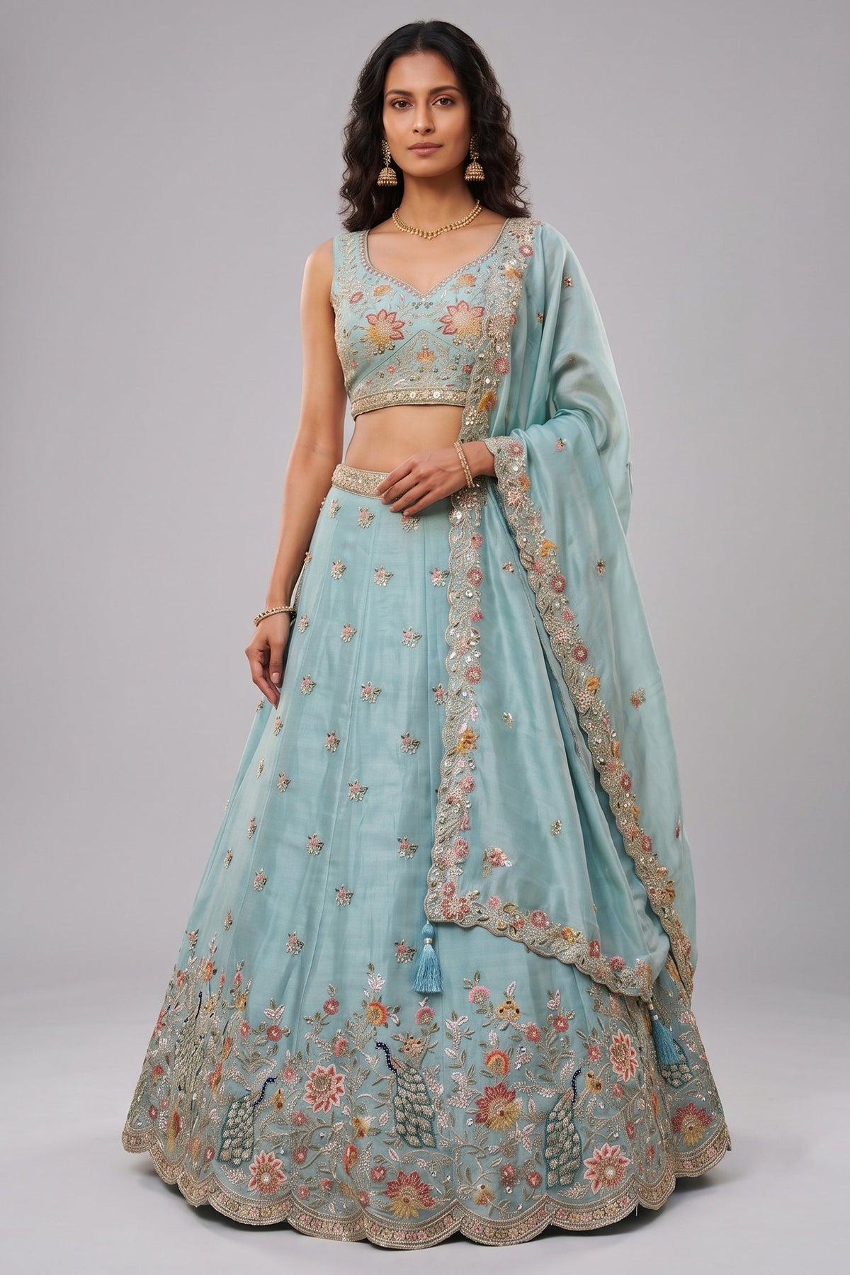 Celestial Sky Blue Lehenga Choli with Peacock Floral Border