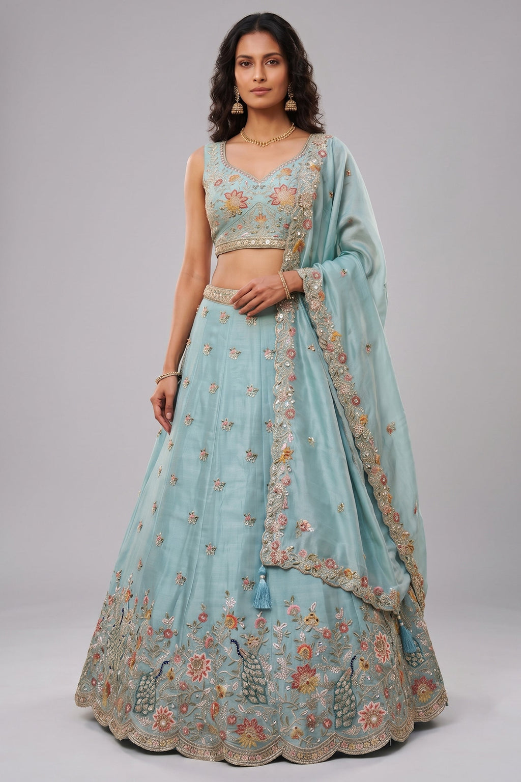 Celestial Sky Blue Lehenga Choli with Peacock Floral Border