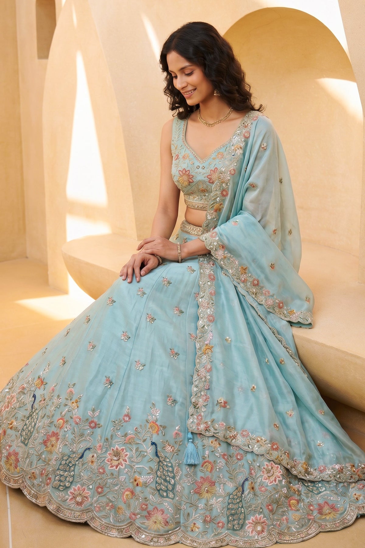 Celestial Sky Blue Lehenga Choli with Peacock Floral Border