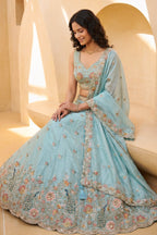 Celestial Sky Blue Lehenga Choli with Peacock Floral Border