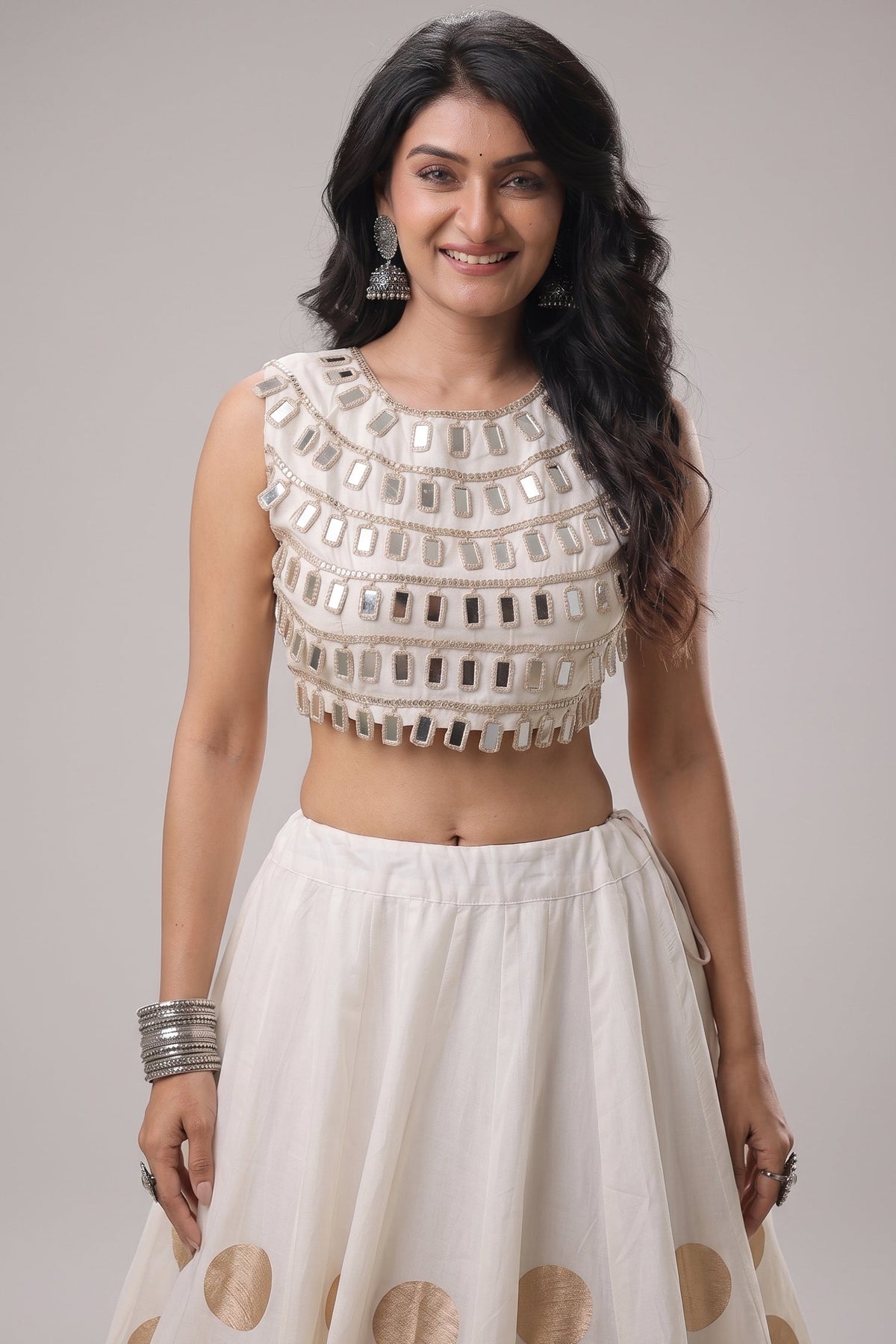 Off White Art Silk Mirror Worked Chaniya Choli