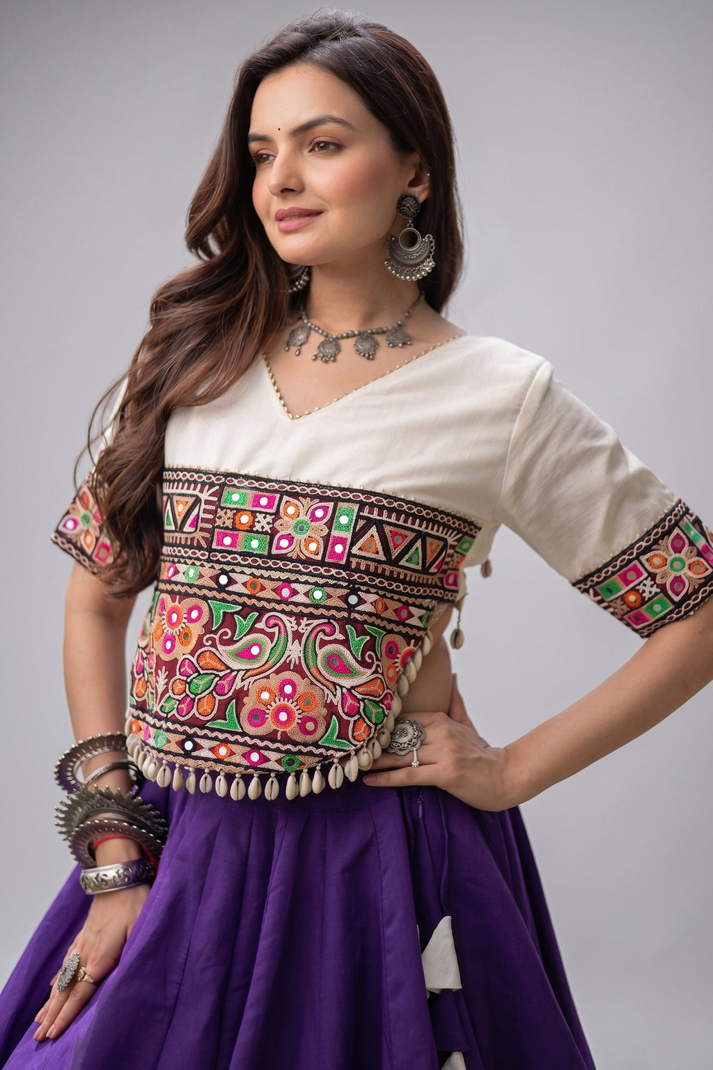 Purple and White Art Silk Mirror and Kachchi Worked Chaniya Choli