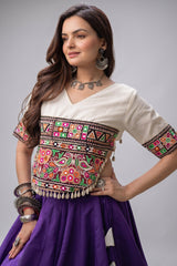 Purple and White Art Silk Mirror and Kachchi Worked Chaniya Choli