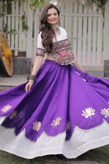 Purple and White Art Silk Mirror and Kachchi Worked Chaniya Choli