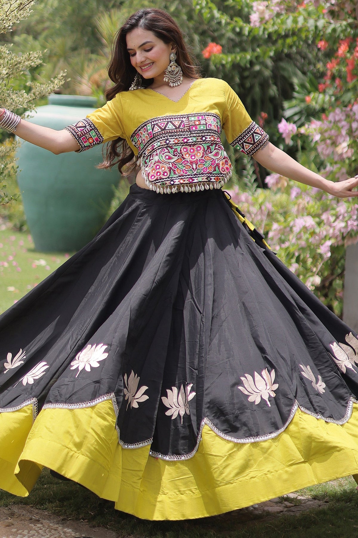 Black and Yellow Art Silk Mirror Kachchi Worked Chaniya Choli