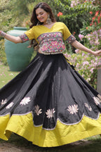 Black and Yellow Art Silk Mirror Kachchi Worked Chaniya Choli