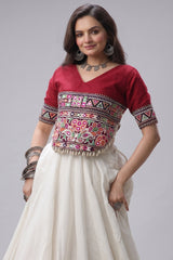 Off White and Maroon Art Silk Mirror Kachchi Worked Chaniya Choli