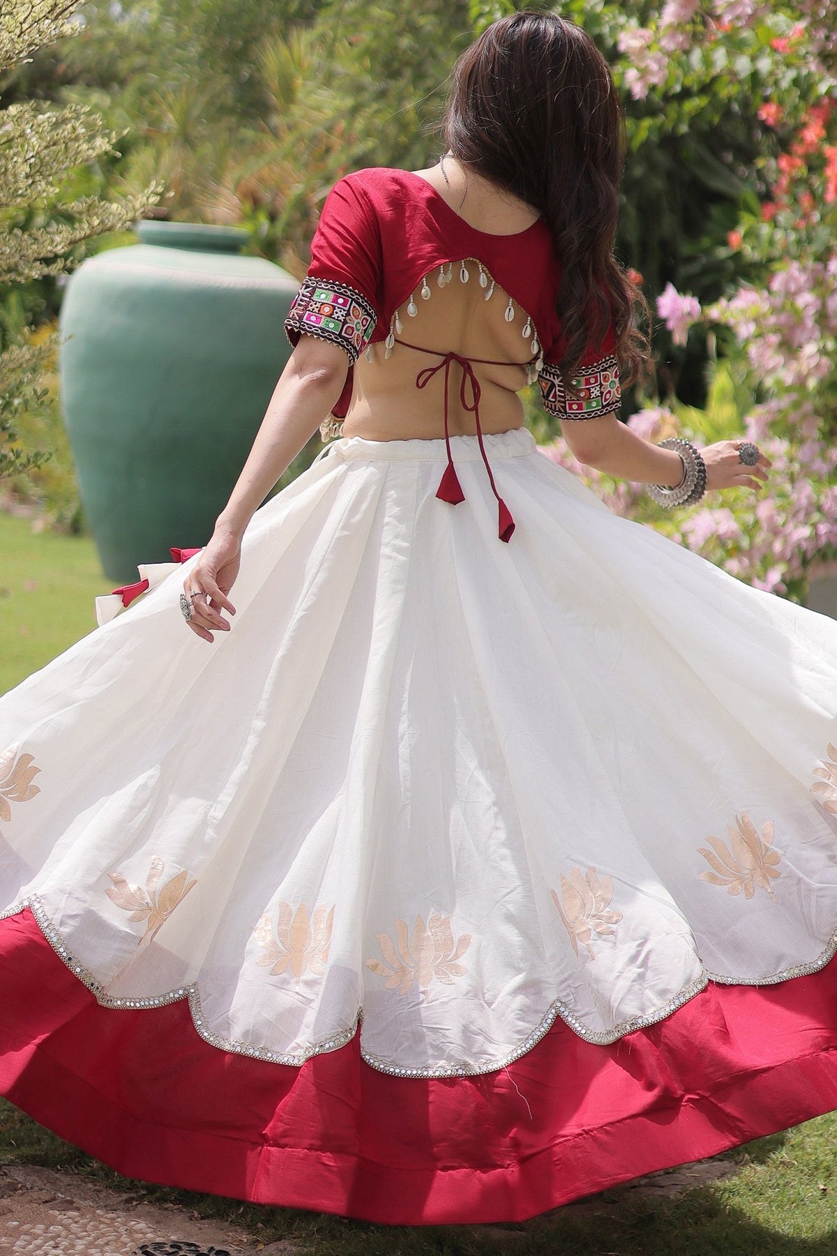Off White and Maroon Art Silk Mirror Kachchi Worked Chaniya Choli