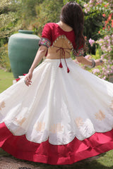 Off White and Maroon Art Silk Mirror Kachchi Worked Chaniya Choli