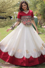 Off White and Maroon Art Silk Mirror Kachchi Worked Chaniya Choli