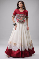 Off White and Maroon Art Silk Mirror Kachchi Worked Chaniya Choli