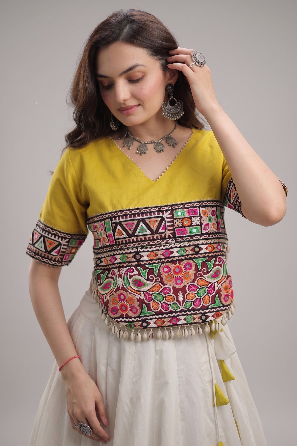 Off White and Yellow Mirror Kachchi Worked Chaniya Choli