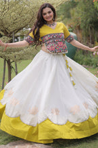 Off White and Yellow Mirror Kachchi Worked Chaniya Choli
