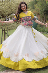 Off White and Yellow Mirror Kachchi Worked Chaniya Choli