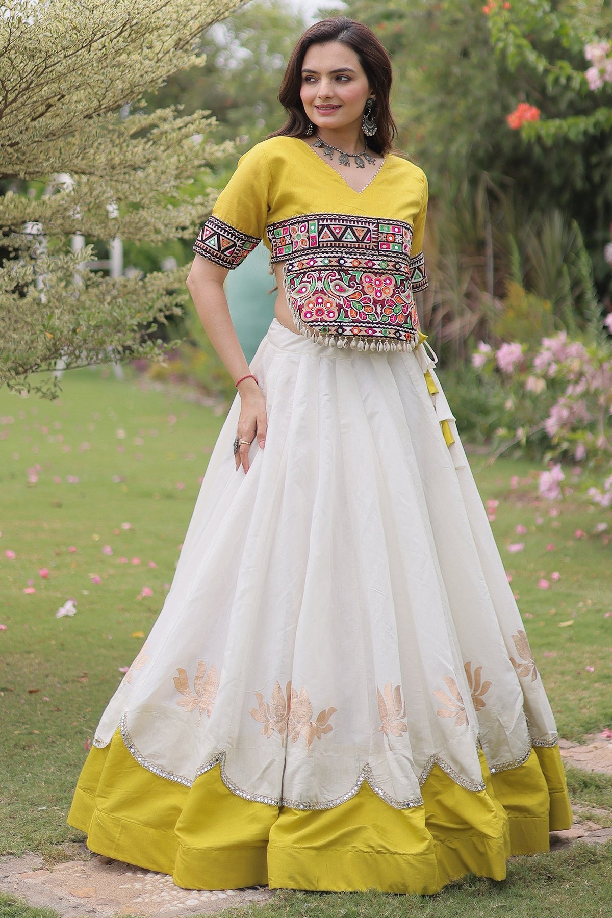 Off White and Yellow Mirror Kachchi Worked Chaniya Choli