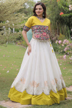 Off White and Yellow Mirror Kachchi Worked Chaniya Choli