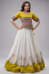 Off White and Yellow Mirror Kachchi Worked Chaniya Choli